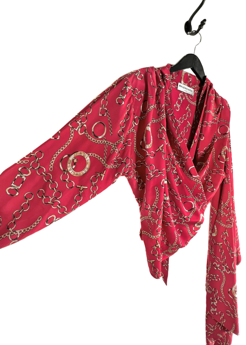 Balenciaga FW 2017 Red Chain Print Wrap Silk Kimono Blouse