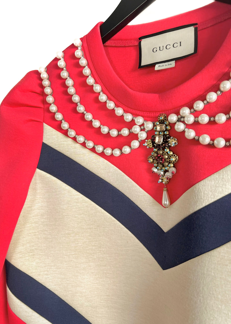 Sweat-shirt orné de perles rayées en néoprène rouge Gucci