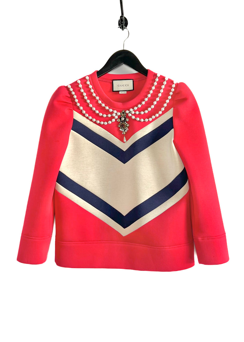 Sweat-shirt orné de perles rayées en néoprène rouge Gucci