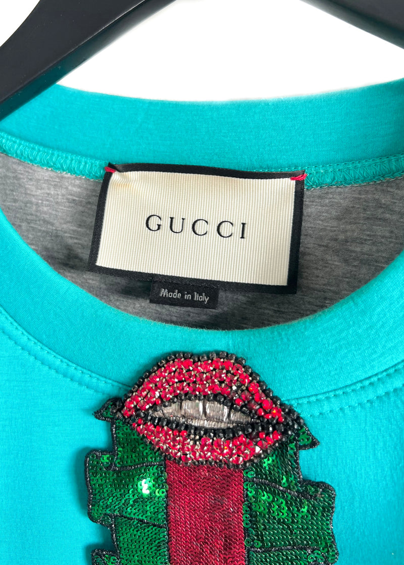Gucci Teal Green Neoprene Embellished Lighting Bolt Web Ruffle Sweatshirt