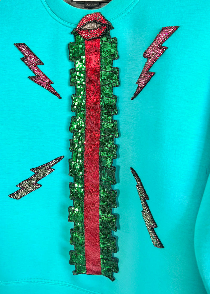 Gucci Teal Green Neoprene Embellished Lighting Bolt Web Ruffle Sweatshirt