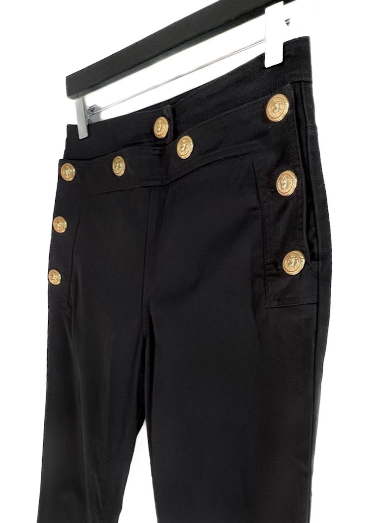 Balmain Black High Waisted Gold Buttons Skinny Zippered Trousers