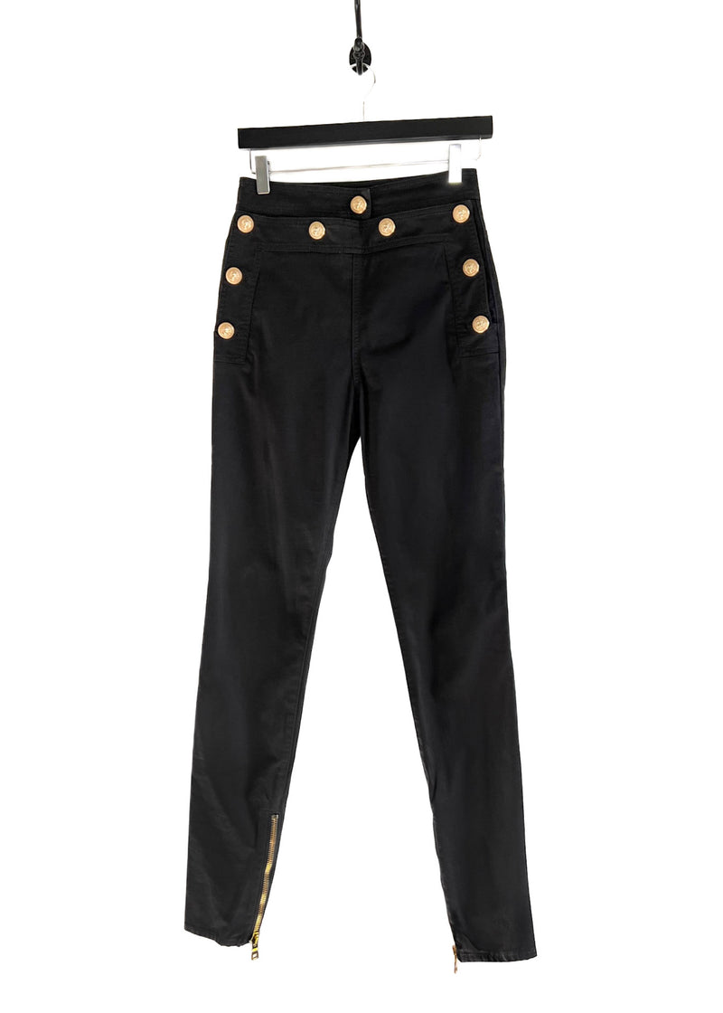 Pantalon skinny zippé taille haute noir Balmain avec boutons dorés