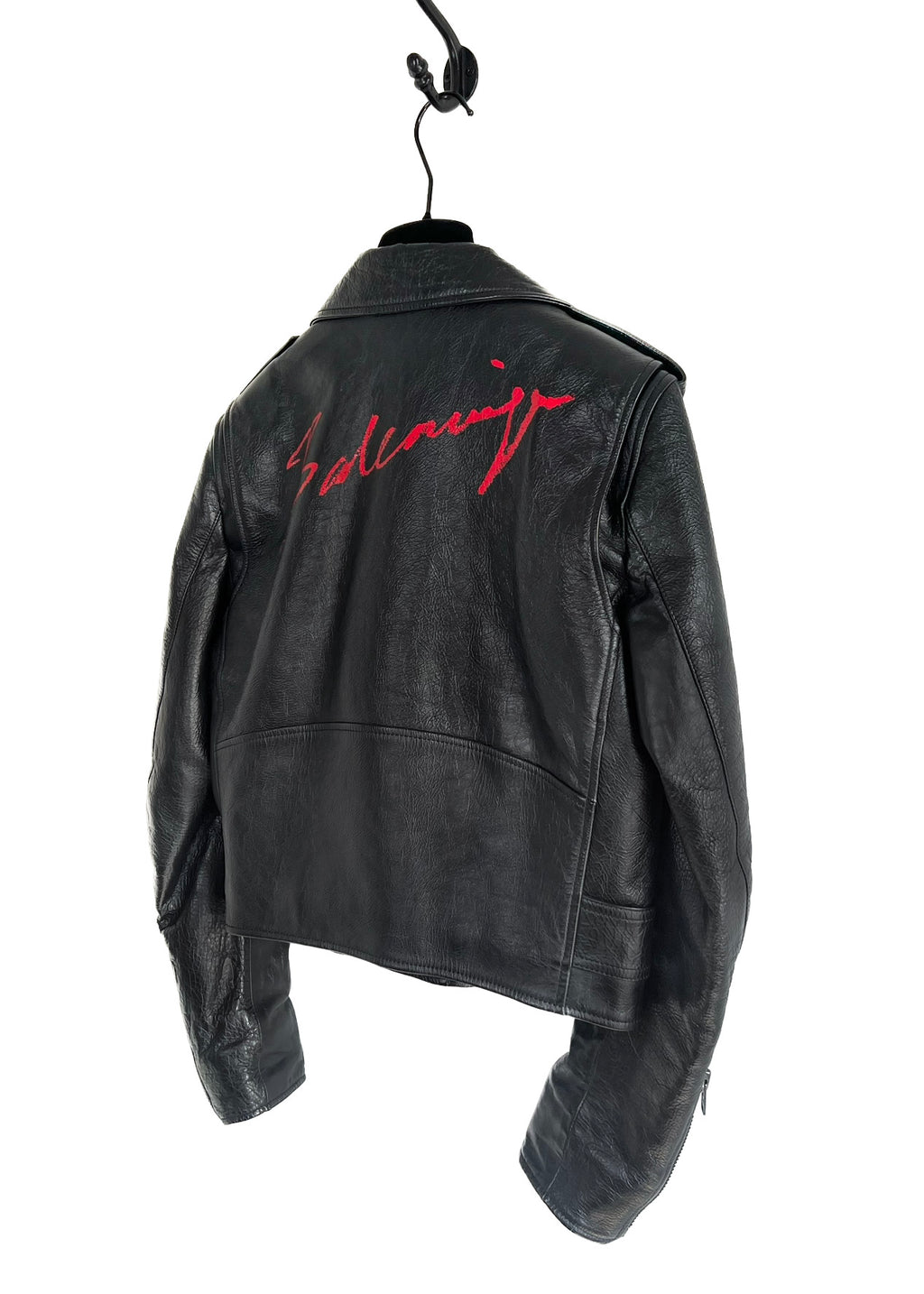 Manteau de motard en cuir noir Balenciaga 2019 signature rouge