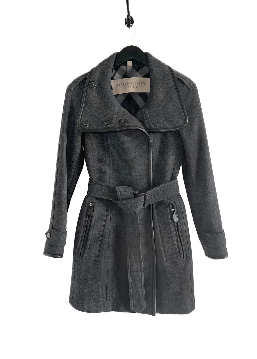 Burberry Brit Waltford Charcoal Wool Blend Leather Trim Coat