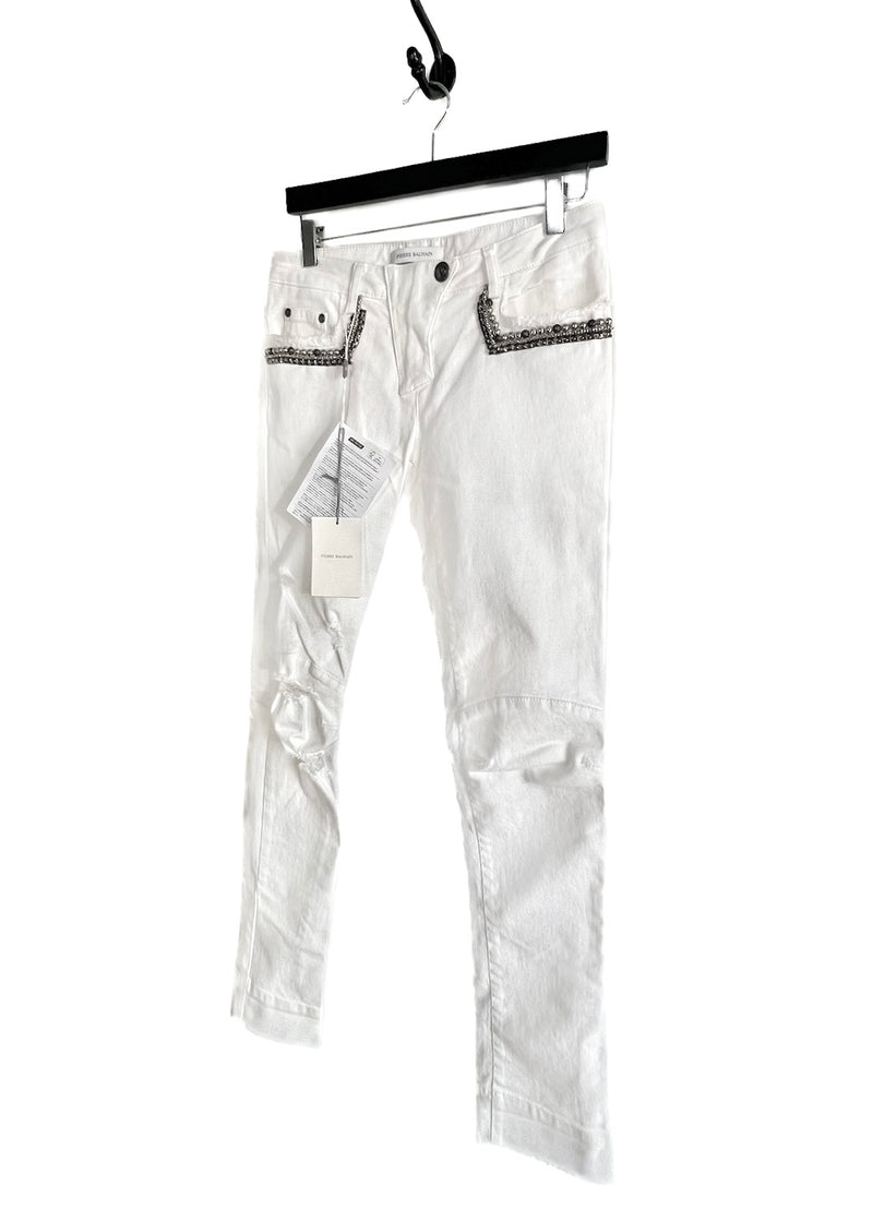 Pierre Balmain White Studded Embellished Biker Jeans