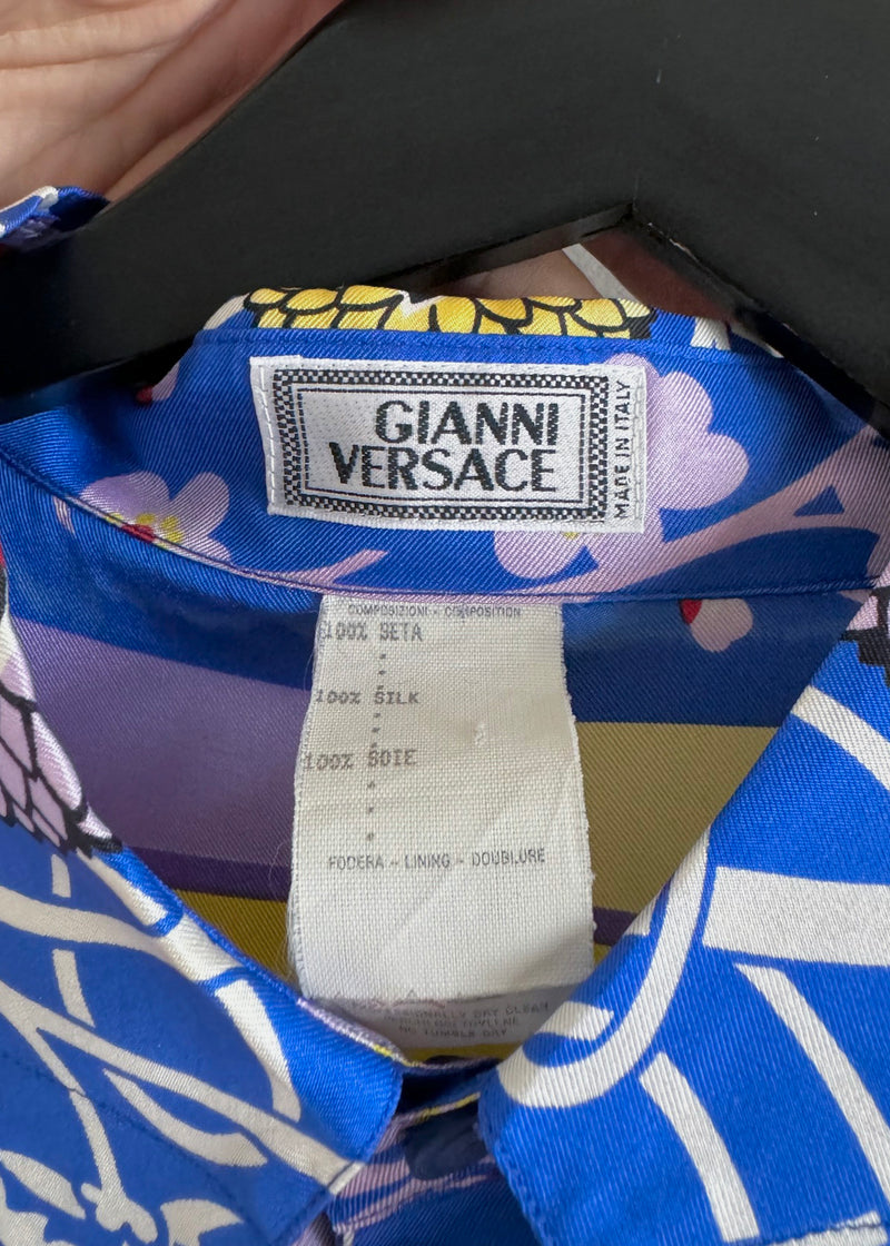 Chemise en soie à imprimé masque japonais jaune rare Gianni Versace vintage