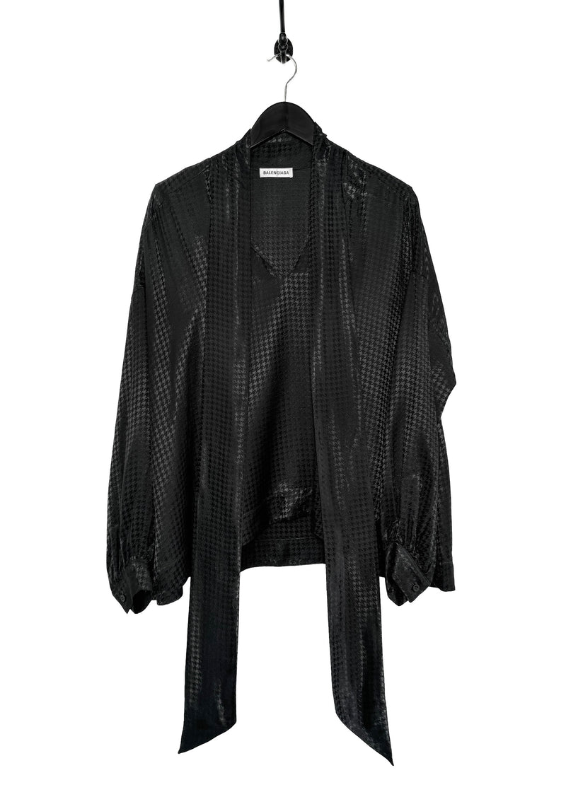 Balenciaga 2020 Black Satin Houndstooth Tie Neck Bow Blouse