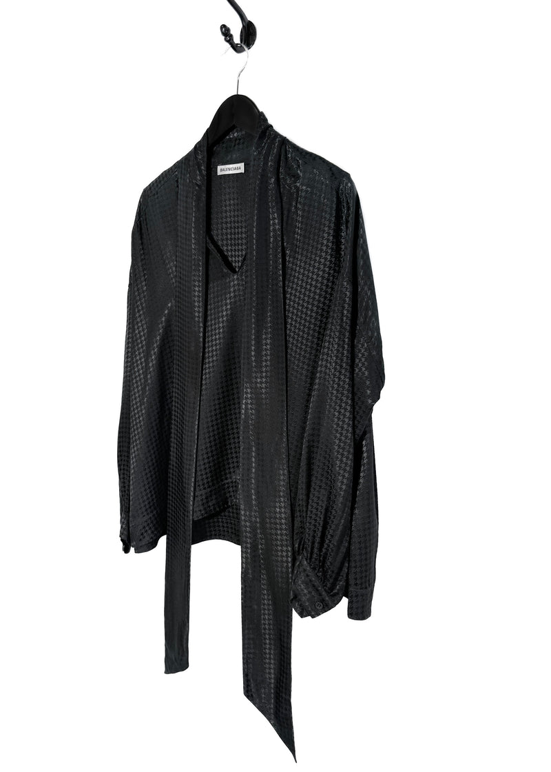 Balenciaga 2020 Black Satin Houndstooth Tie Neck Bow Blouse