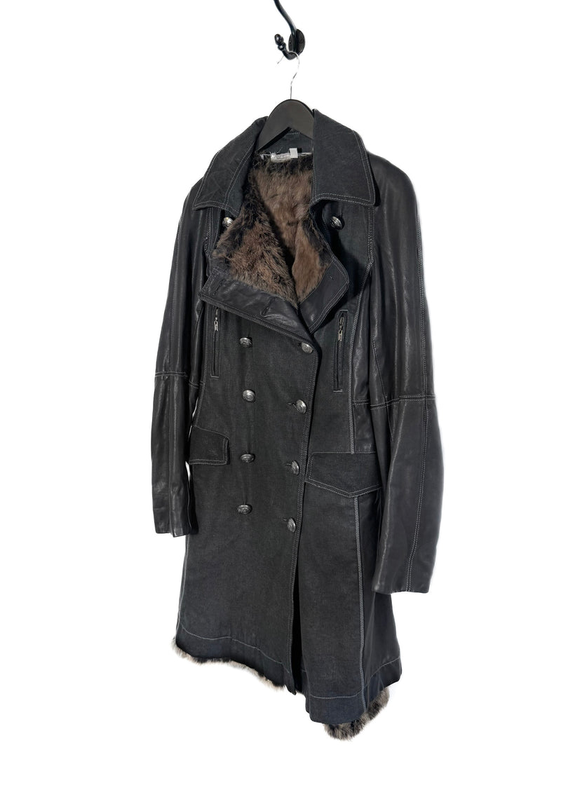 Christian Dior Black Denim Braided Leather Removable Rabbit Fur Coat