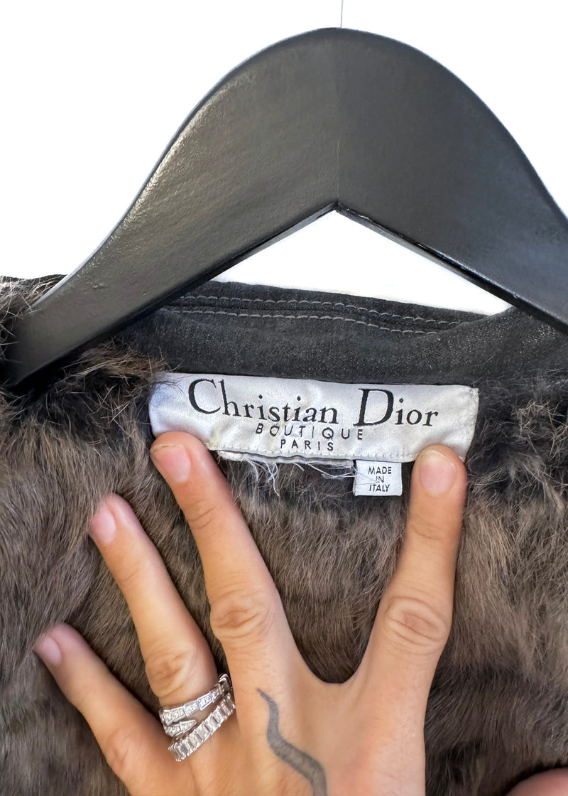 Christian Dior Black Denim Braided Leather Removable Rabbit Fur Coat