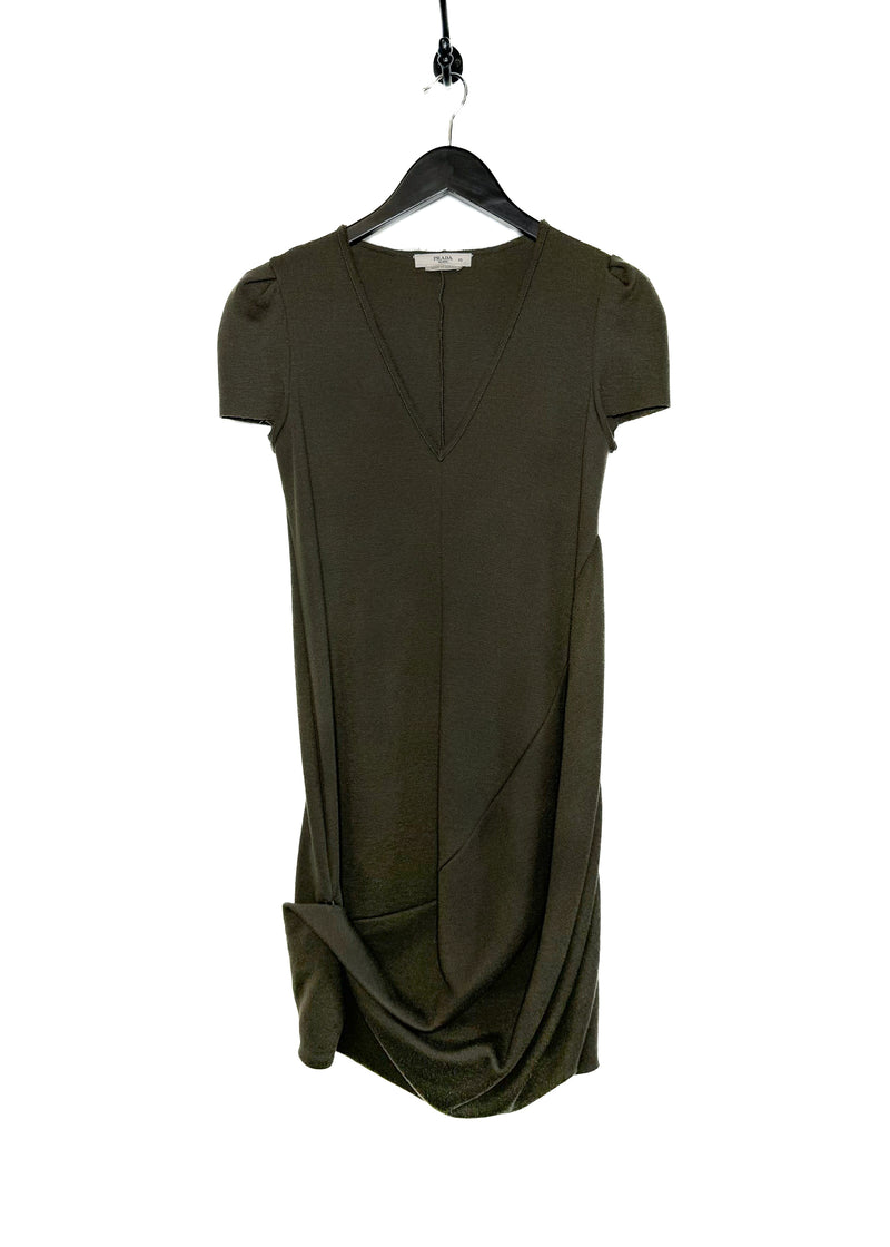 Prada Olive Green Wool Knit Short Sleeves V-neck Dress