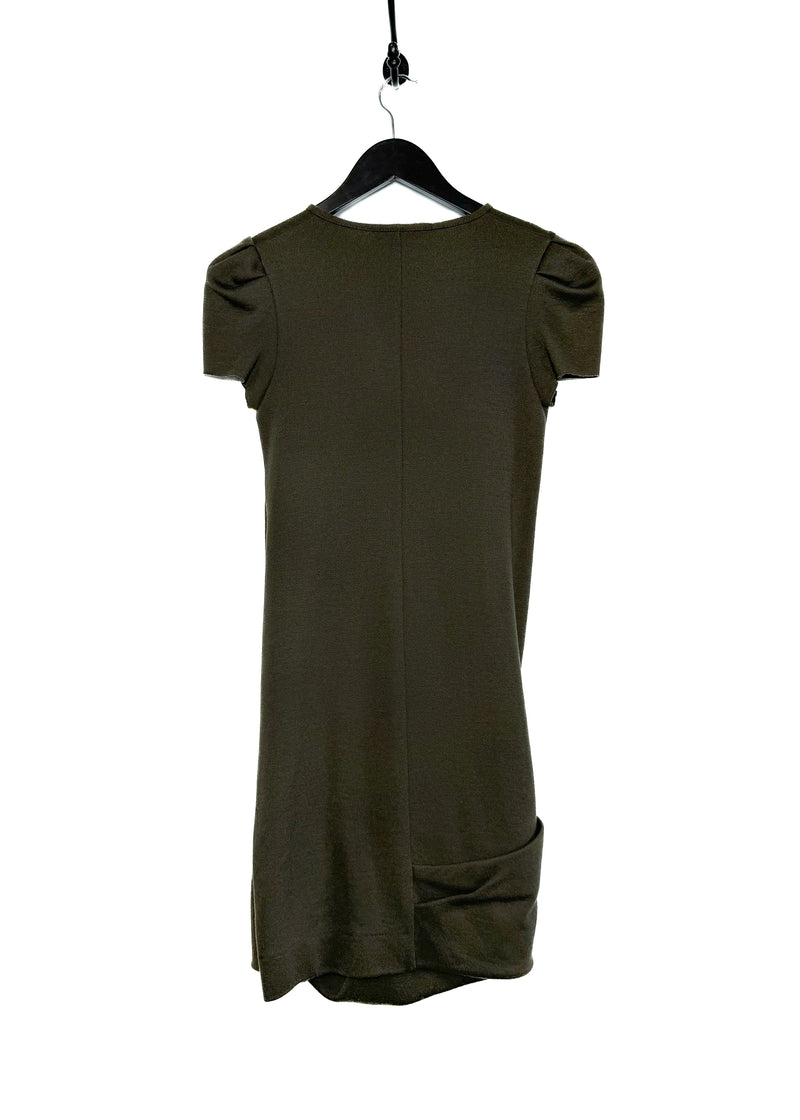 Prada Olive Green Wool Knit Short Sleeves V-neck Dress