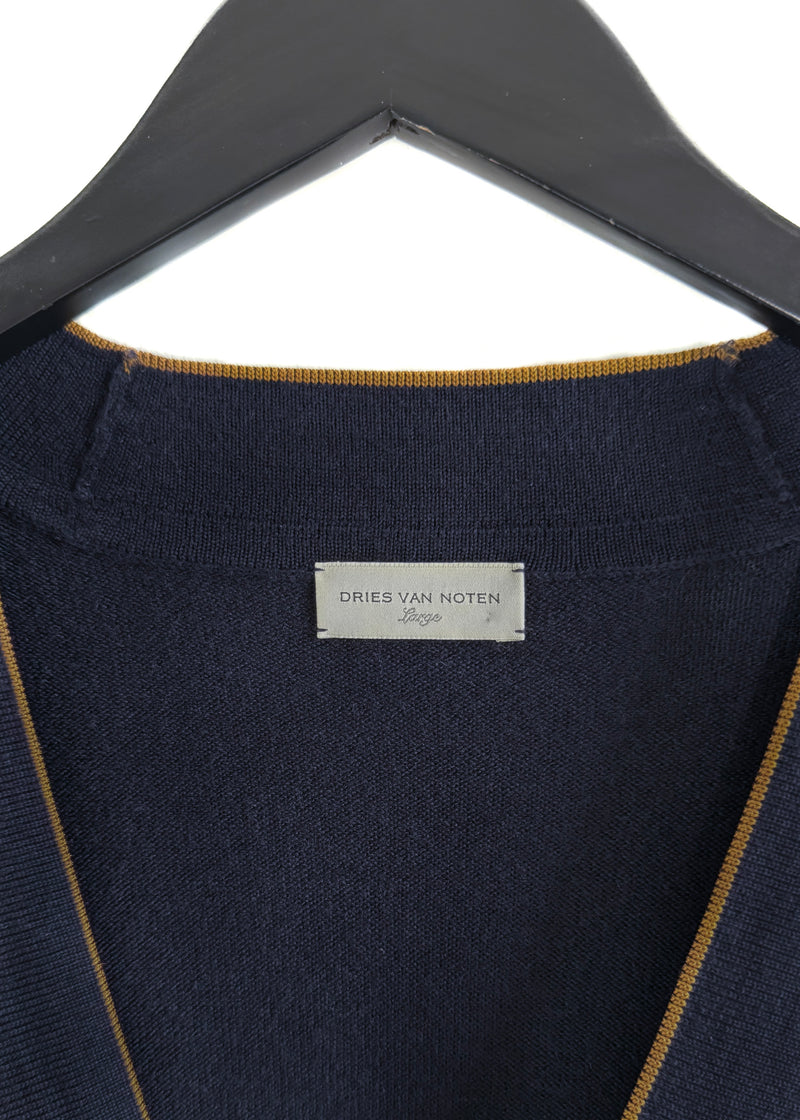 Dries Van Noten Navy Blue Beige Trim Cardigan Sweater