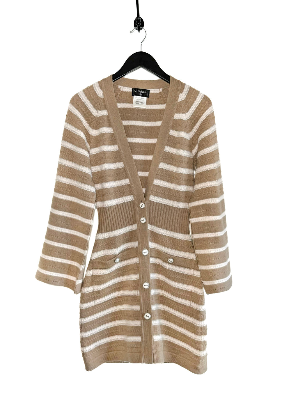 Chanel SS15 Beige Ivory Striped Long Cashmere Cardigan Sweater Dress
