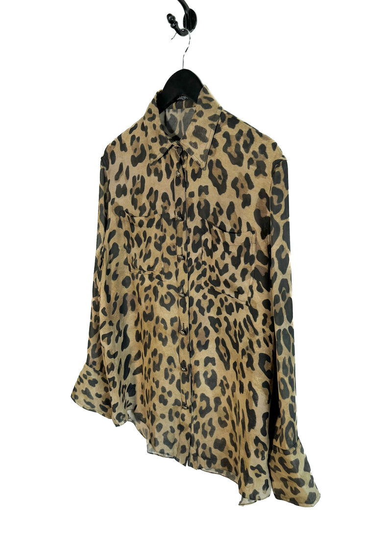 Balmain Beige Leopard Print Silk Buttoned Blouse