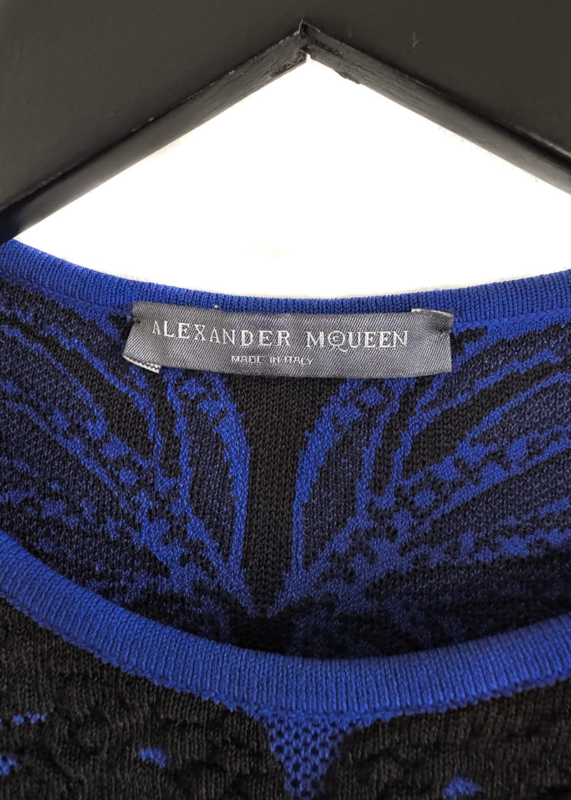 Alexander McQueen Blue Black Leaves Bodycon Intersia Mini Dress