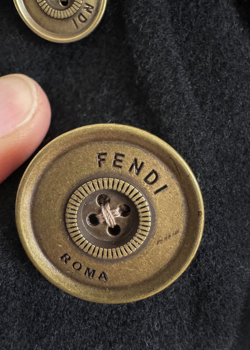 Fendi Oversized Black Wool Zucca Interior Belted Coat