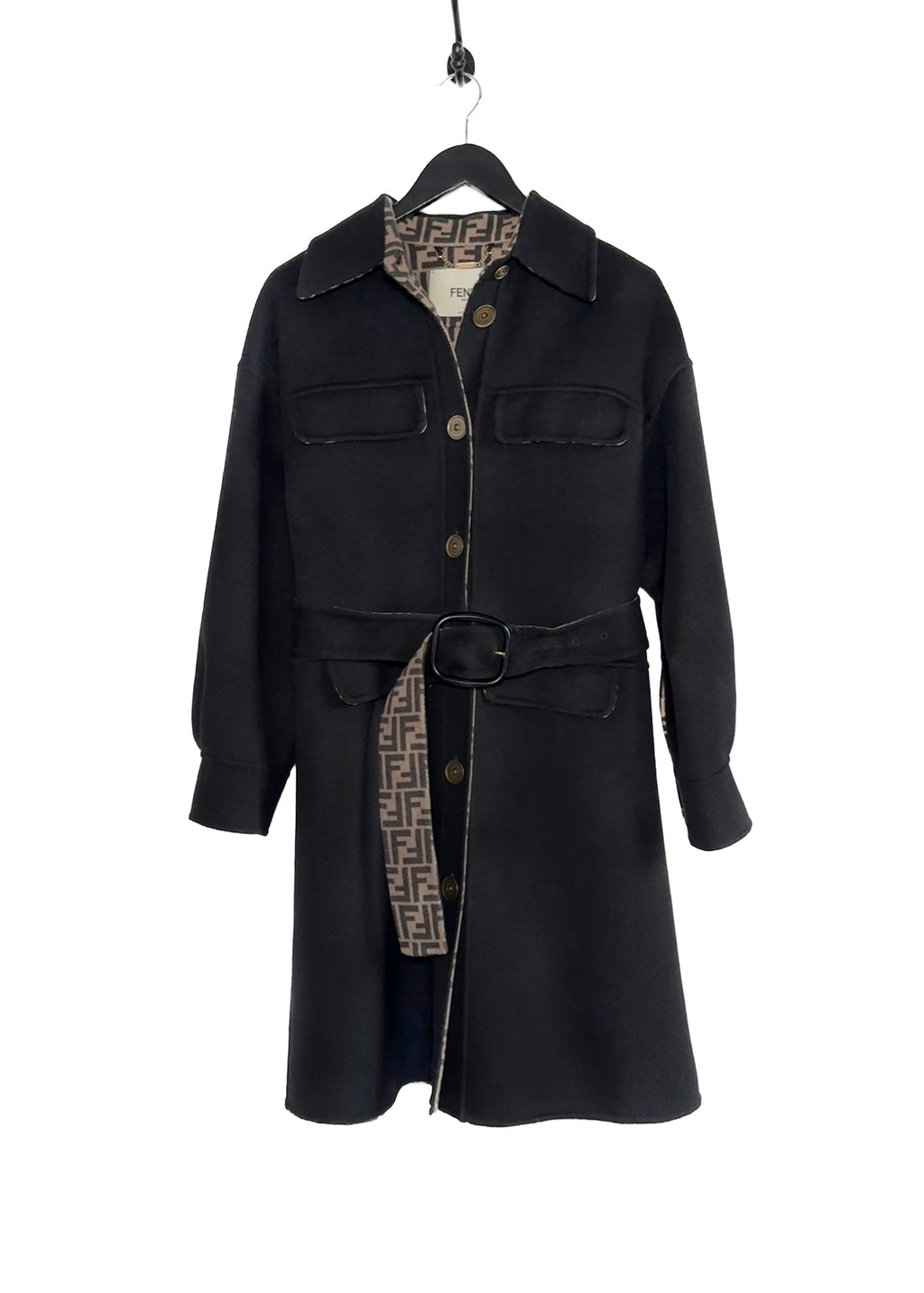 Manteau surdimensionné en laine noire Fendi ceinturé avec interieur Zucca