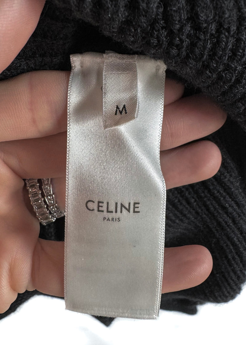 Celine Black Ribbed Wool Triomphe Accent Sweater