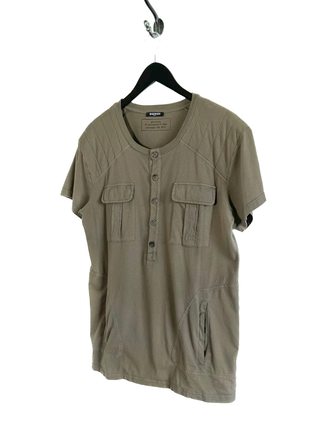 Balmain Khaki T-Shirt with Kangaroo Pockets