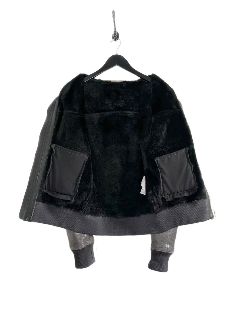 Dolce & Gabbana Grey Lambskin Leather Shearling Bomber Jacket