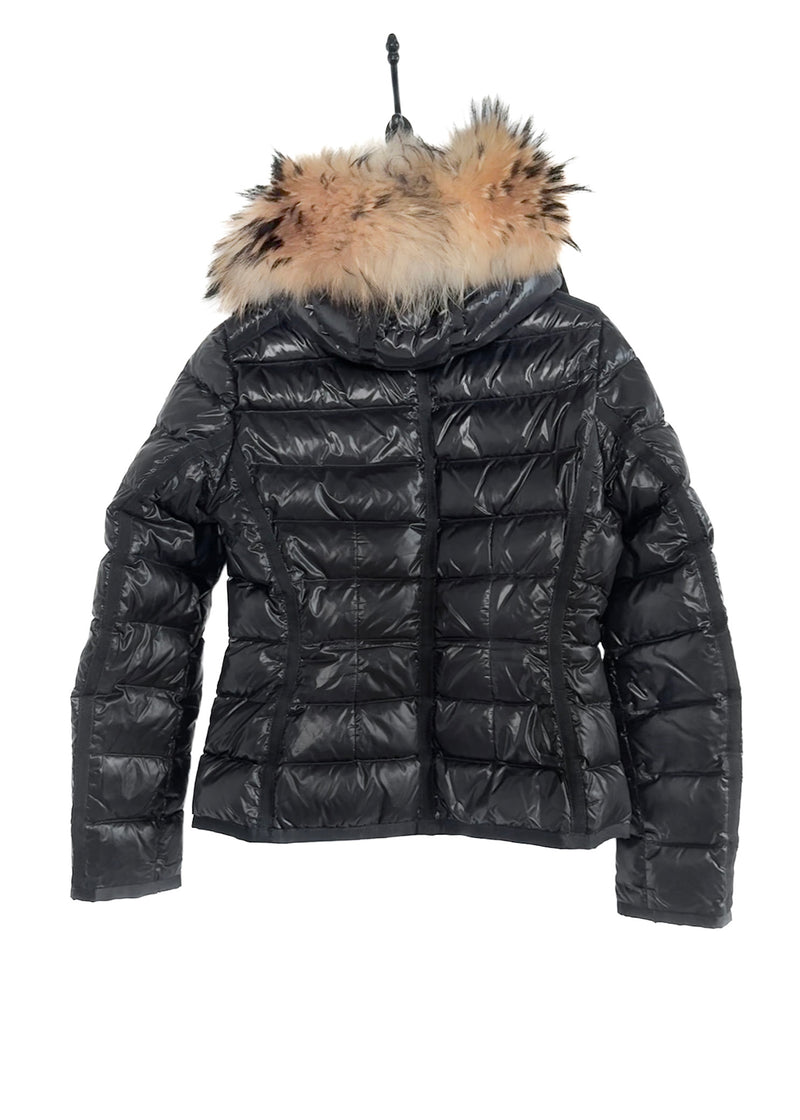 Moncler Black Armoise Shiny Down Fur Trim Coat
