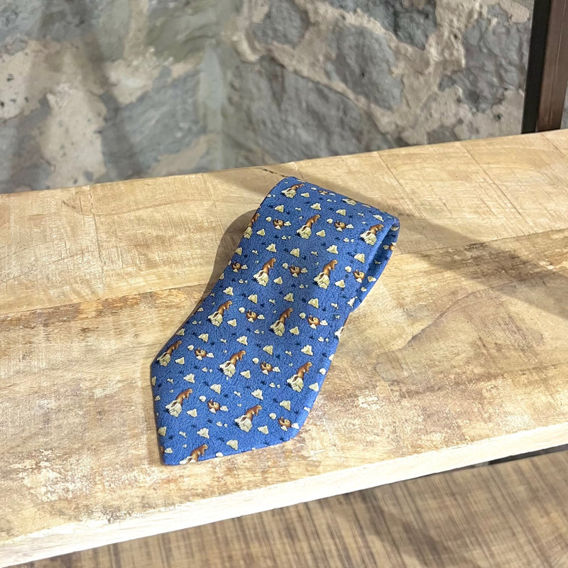 Hermès Blue Beaver Tree Logs Print Silk Tie