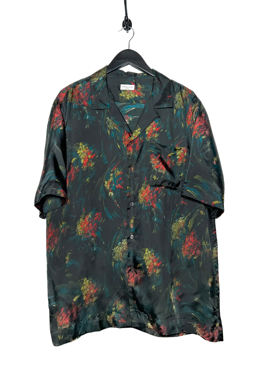 Dries Van Noten Forest Green Floral Print Satin Short Sleeve Shirt
