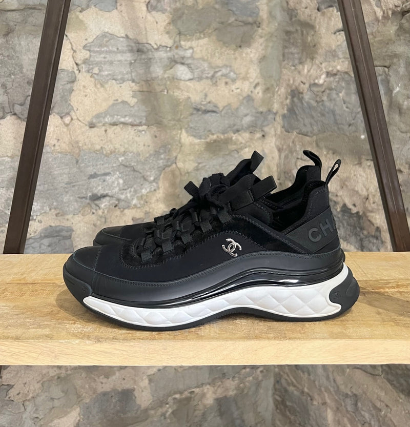 Chanel Black Suede Neoprene Interlocking CC Trainer Sneakers