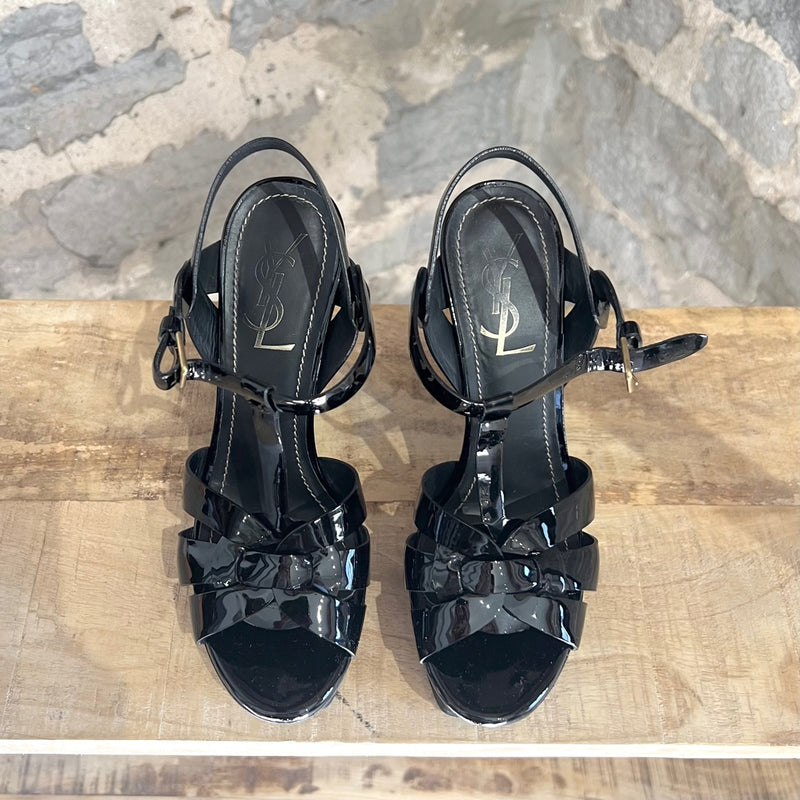 Yves Saint-Laurent Black Patent Leather Tribute Platform Sandals