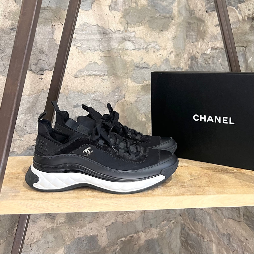 Chanel Black Suede Neoprene Interlocking CC Trainer Sneakers