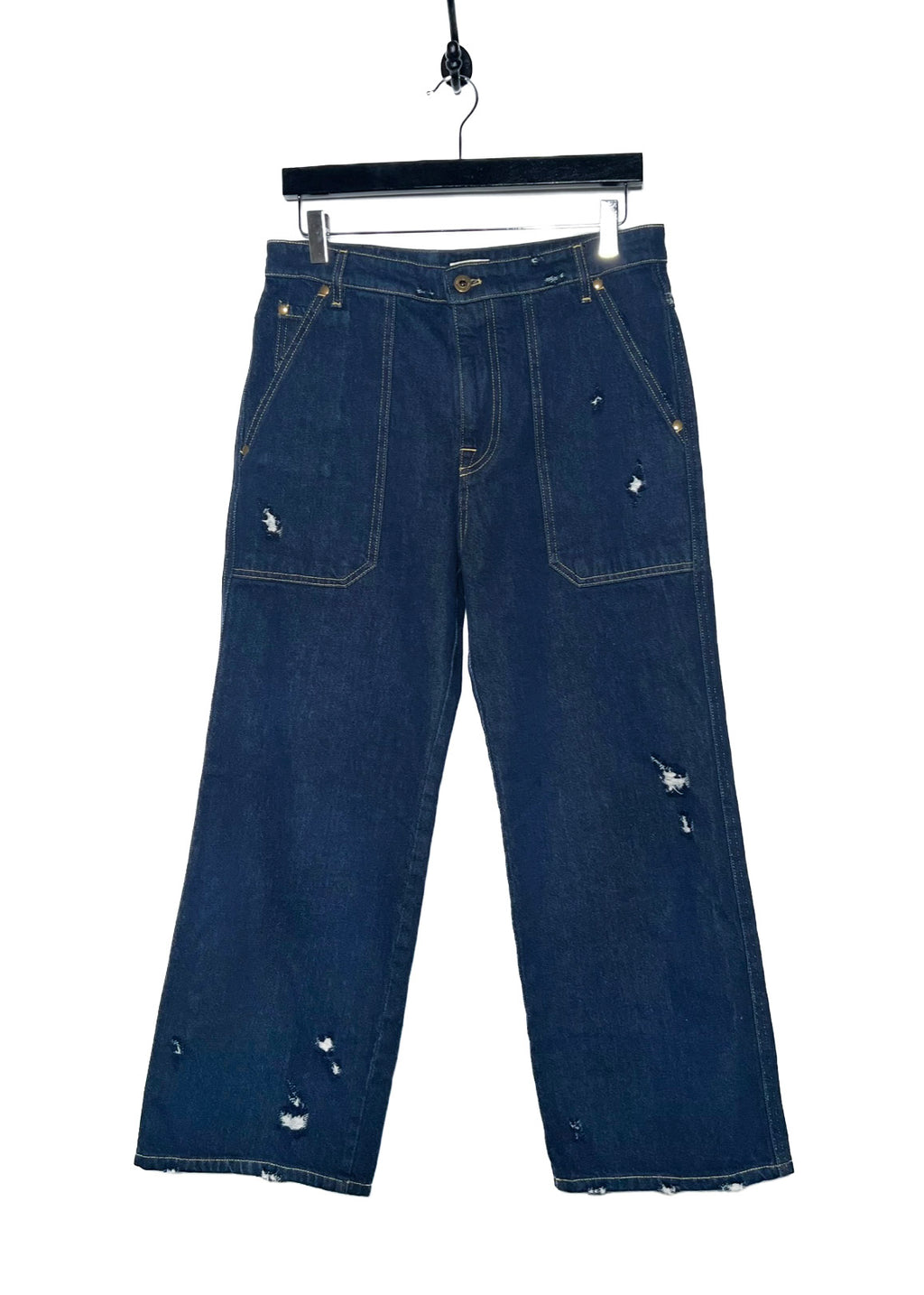 Miu Miu Blue Denim Embroidered Distressed Wide Leg Jeans
