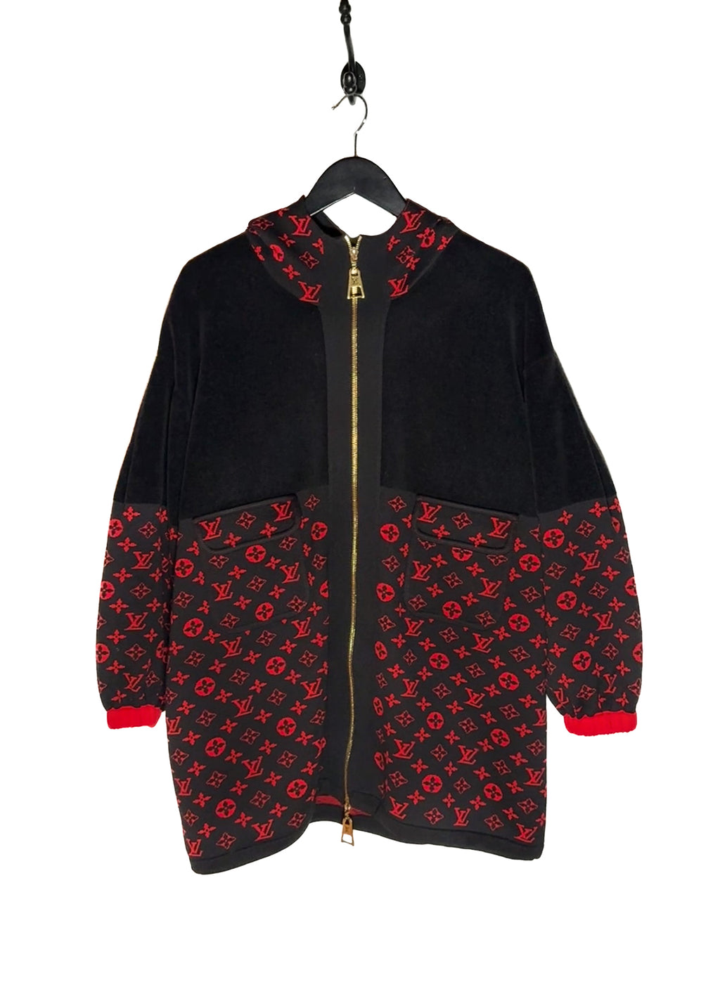 Louis Vuitton Black Red Monogram Wool Blend Knit Oversized Jacket