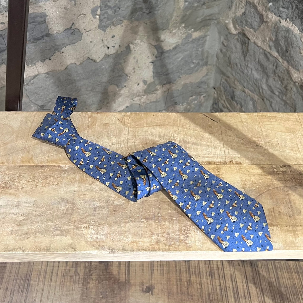 Hermès Blue Beaver Tree Logs Print Silk Tie