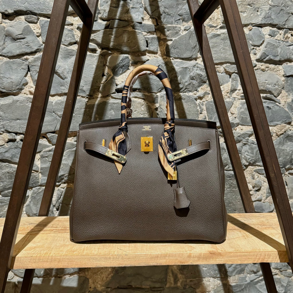 Hermès Ecorce Brown Togo Leather Birkin 35 Bag w/ 2 Twillies