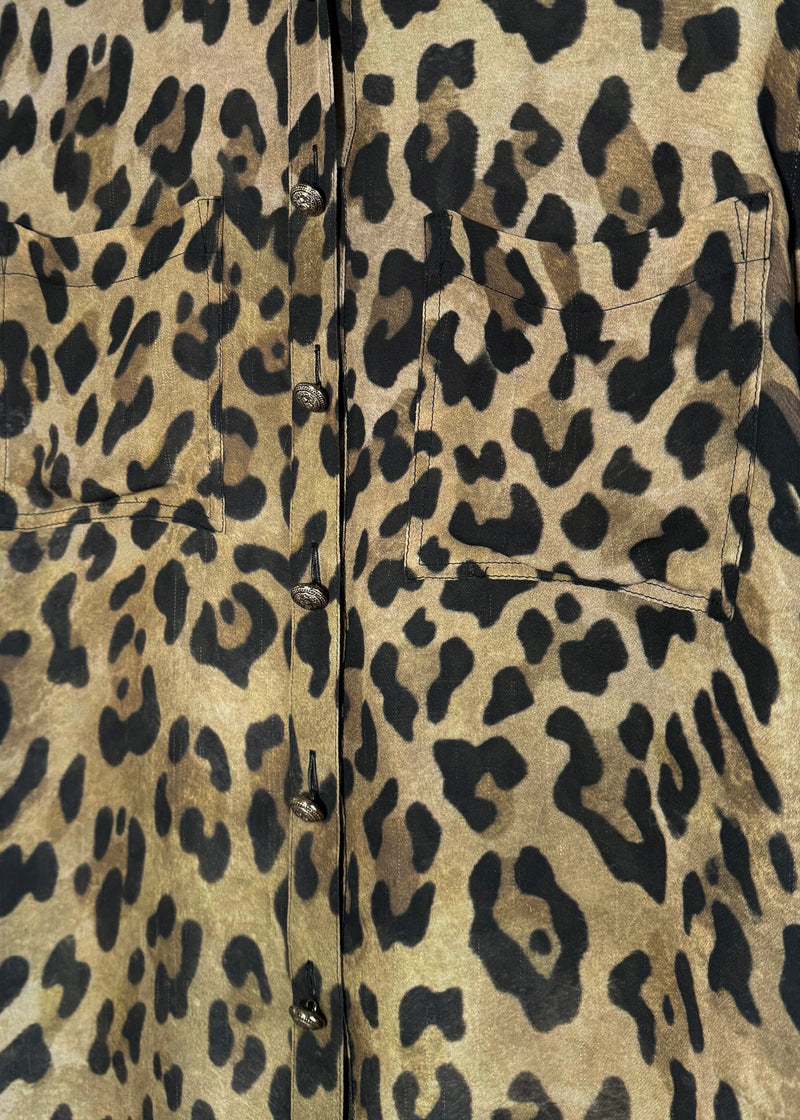 Blouse boutonnée en soie imprimé léopard beige Balmain