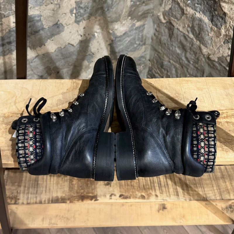 Chanel 2015 Black Nubuck Tweed Accent Lace-up Combat Boots