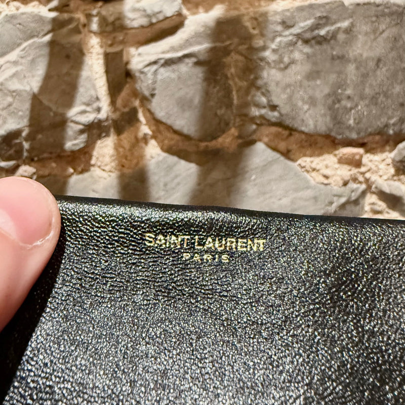 Saint Laurent Gold Wide ID Plaque Black Leather Bracelet