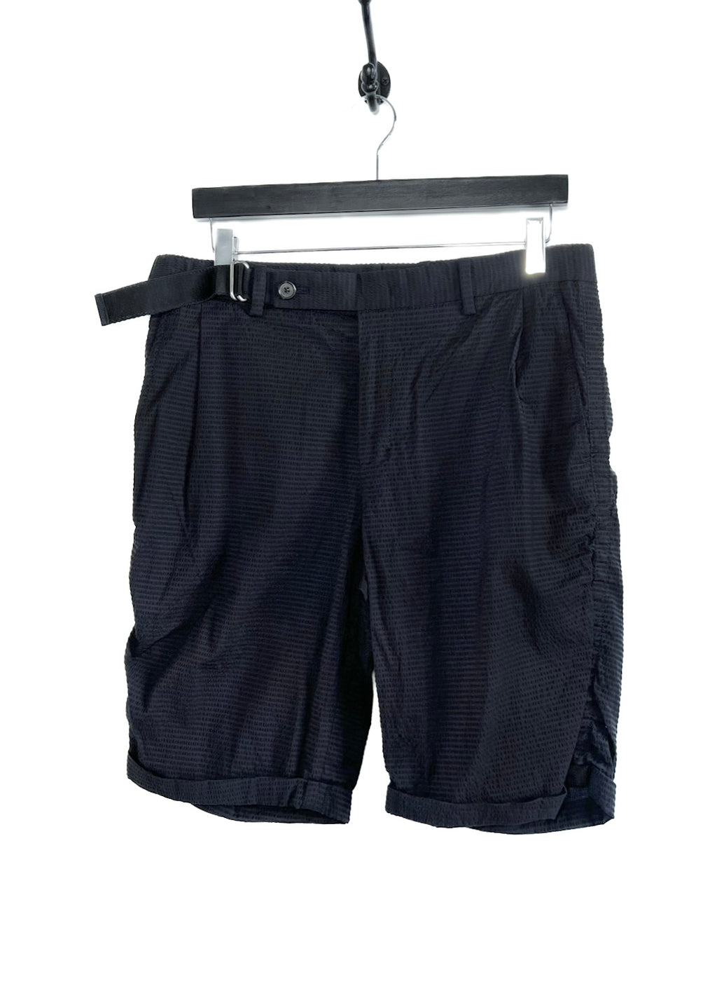 Wooyoungmi Navy Blue Seeksucker Belted Bermuda Shorts