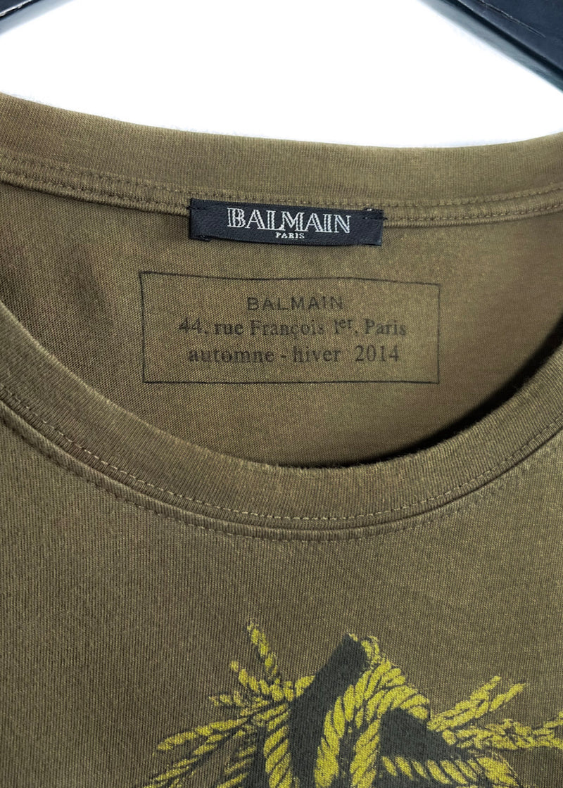 Balmain FW14 Olive Green Eagle Flag Print T-shirt