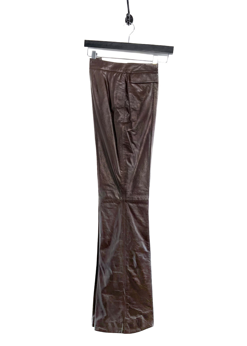 Pantalon en cuir marron chocolat à jambes larges vintage John Galliano