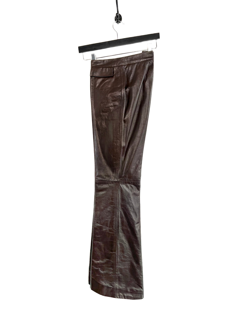 Pantalon en cuir marron chocolat à jambes larges vintage John Galliano