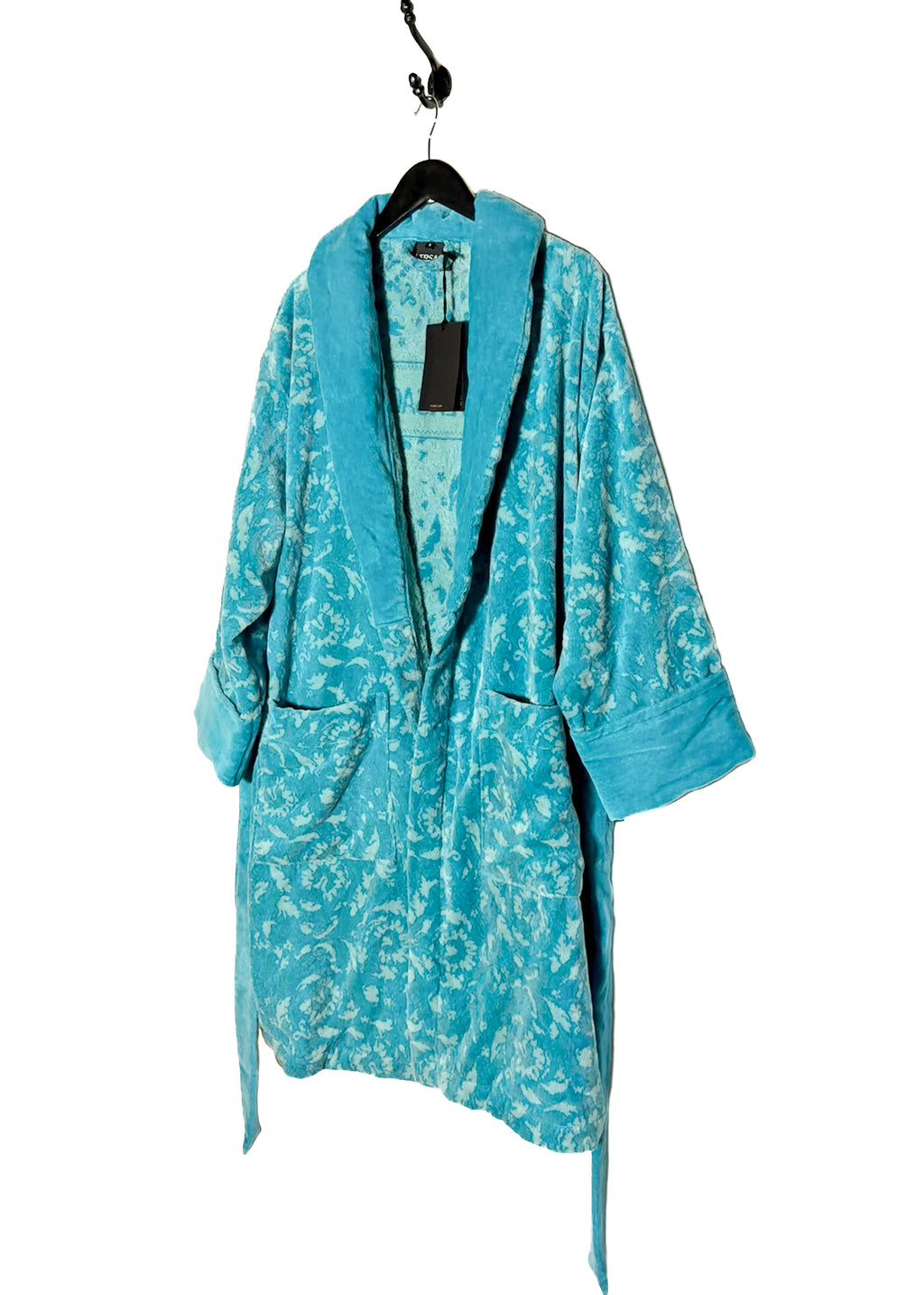 Versace Turquoise Blue Barocco Jacquard 90s Logo Bathrobe