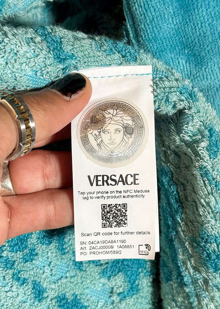 Versace Turquoise Blue Barocco Jacquard 90s Logo Bathrobe