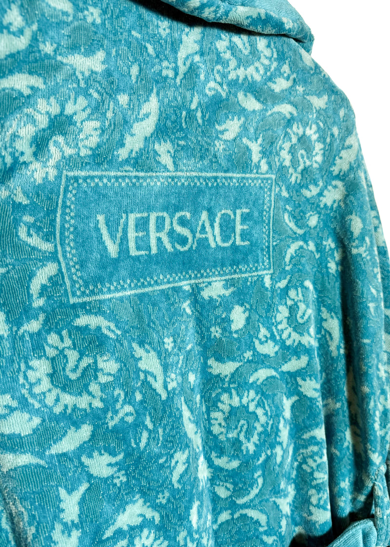 Versace Turquoise Blue Barocco Jacquard 90s Logo Bathrobe