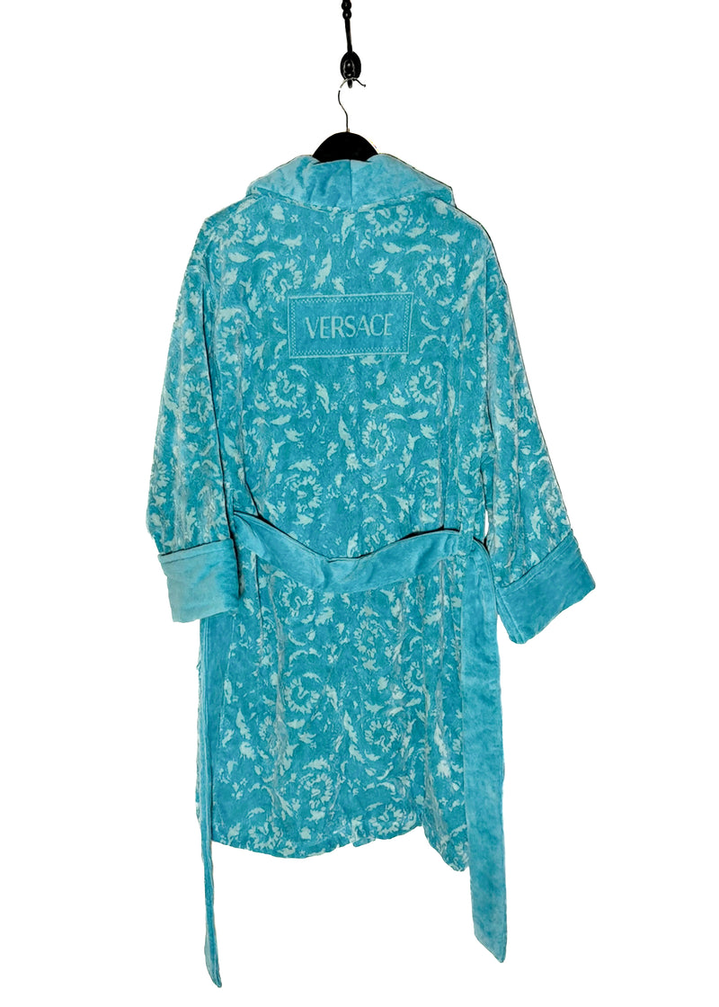 Versace Turquoise Blue Barocco Jacquard 90s Logo Bathrobe