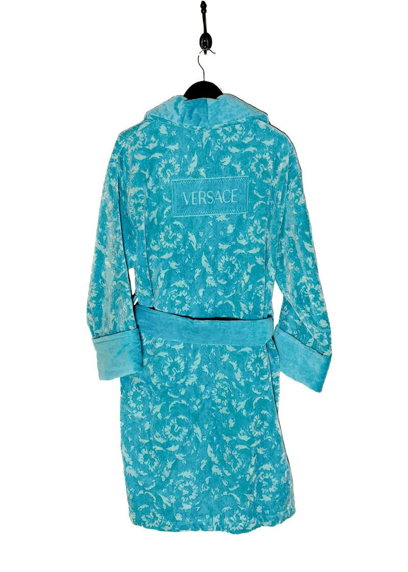 Versace Turquoise Blue Barocco Jacquard 90s Logo Bathrobe