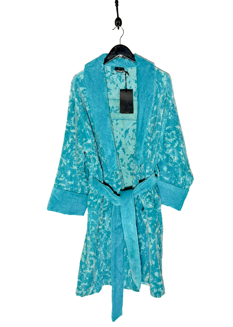 Versace Turquoise Blue Barocco Jacquard 90s Logo Bathrobe