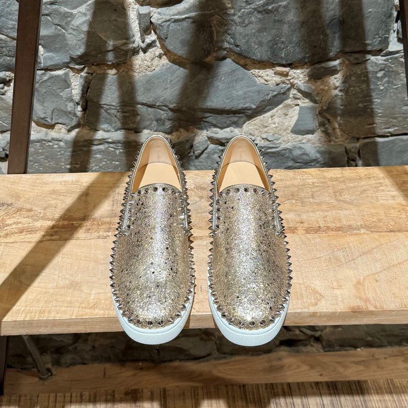 Christian Louboutin Glitter Gold Pink Boat Spike Slip-on Sneakers